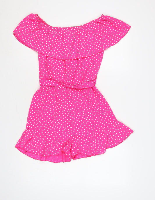 Quiz Women Pink Polka Dot Off Shoulder Playsuit UK 8 Ruffle Belted