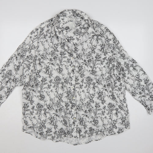 Joie Women White Floral Linen Button-Up Shirt UK 20 Long Sleeve Collared