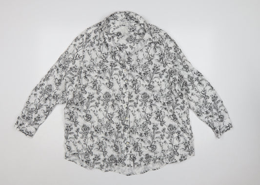 Joie Women White Floral Linen Button-Up Shirt UK 20 Long Sleeve Collared
