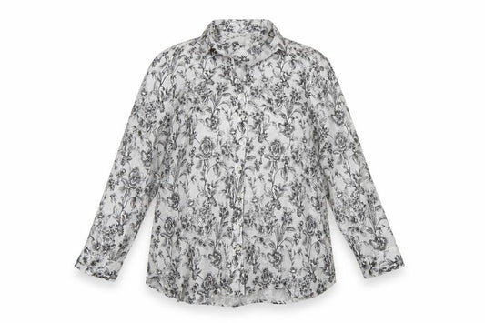 Front view of Joie Women White Floral Linen Button-Up Shirt UK 20 Long Sleeve Collared
