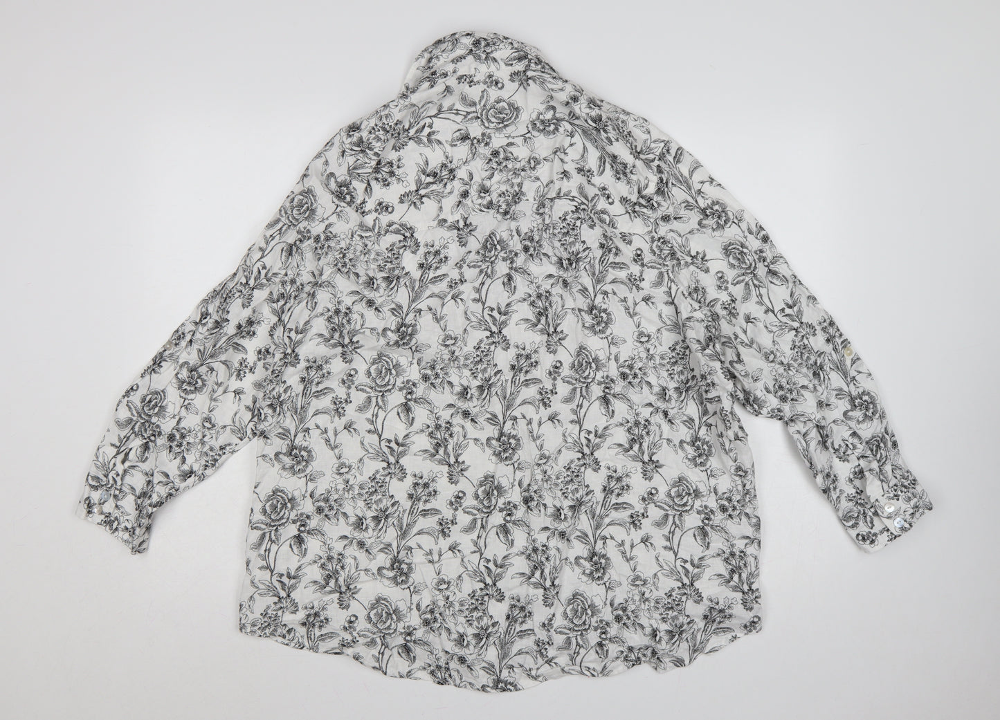 Joie Women White Floral Linen Button-Up Shirt UK 20 Long Sleeve Collared