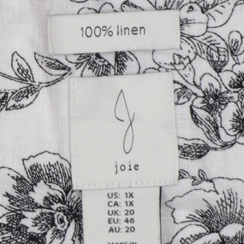 Joie Women White Floral Linen Button-Up Shirt UK 20 Long Sleeve Collared