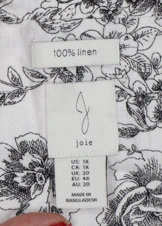 Joie Women White Floral Linen Button-Up Shirt UK 20 Long Sleeve Collared
