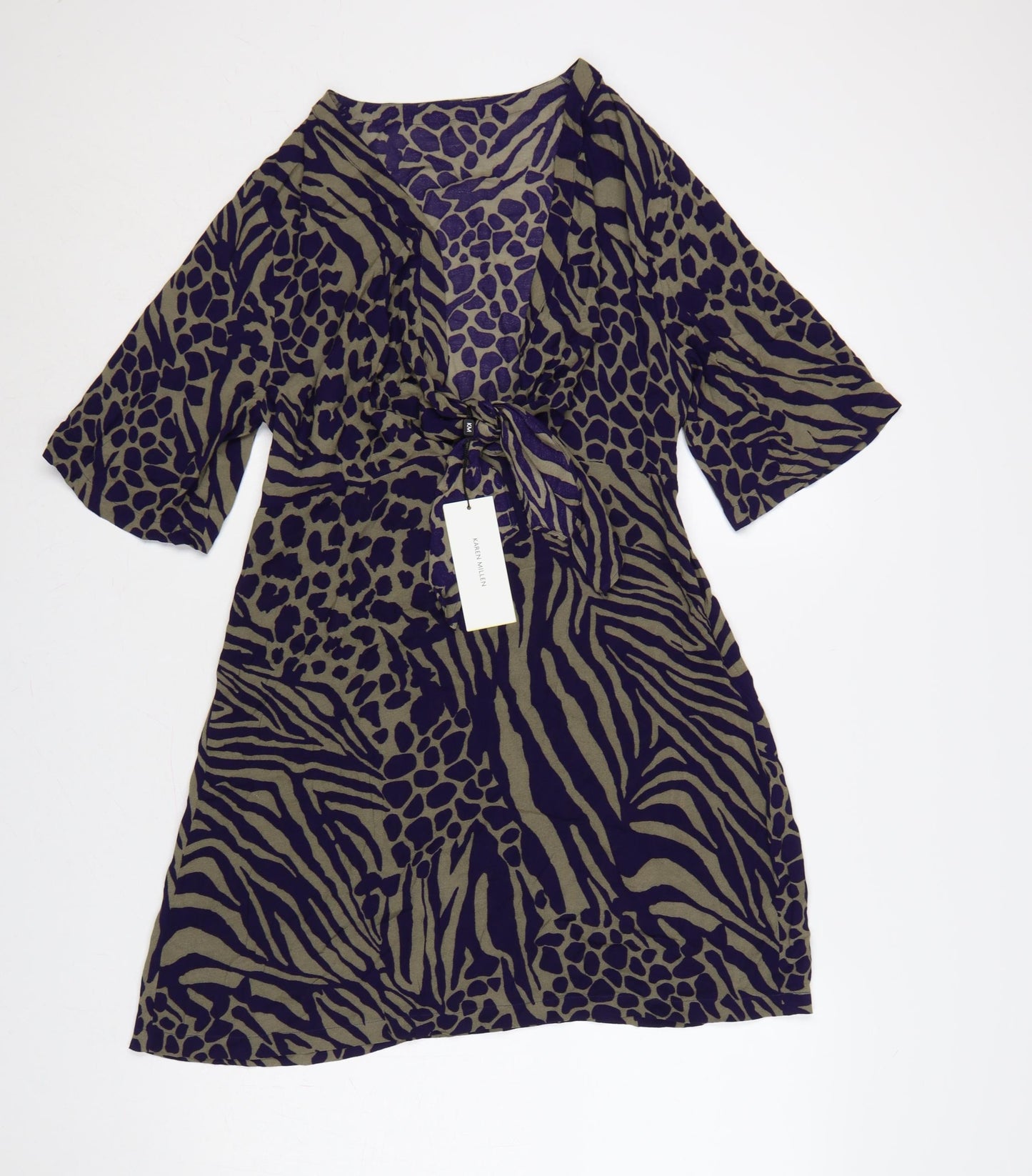 Karen Millen Women Green Purple Animal Print Wrap Dress UK 10