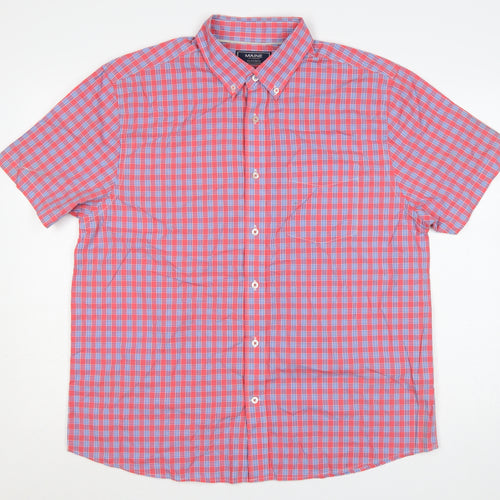 Maine Men’s Pink Blue Check Cotton Button-Down Short Sleeve Shirt L