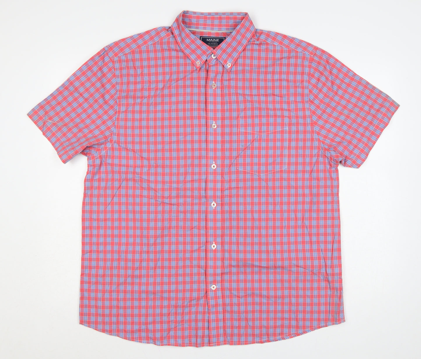 Maine Men’s Pink Blue Check Cotton Button-Down Short Sleeve Shirt L
