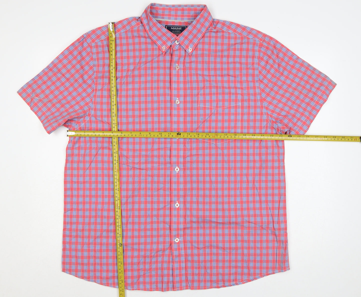 Maine Men’s Pink Blue Check Cotton Button-Down Short Sleeve Shirt L