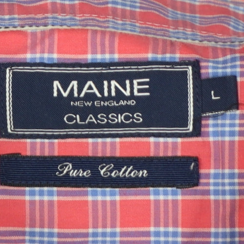 Maine Men’s Pink Blue Check Cotton Button-Down Short Sleeve Shirt L