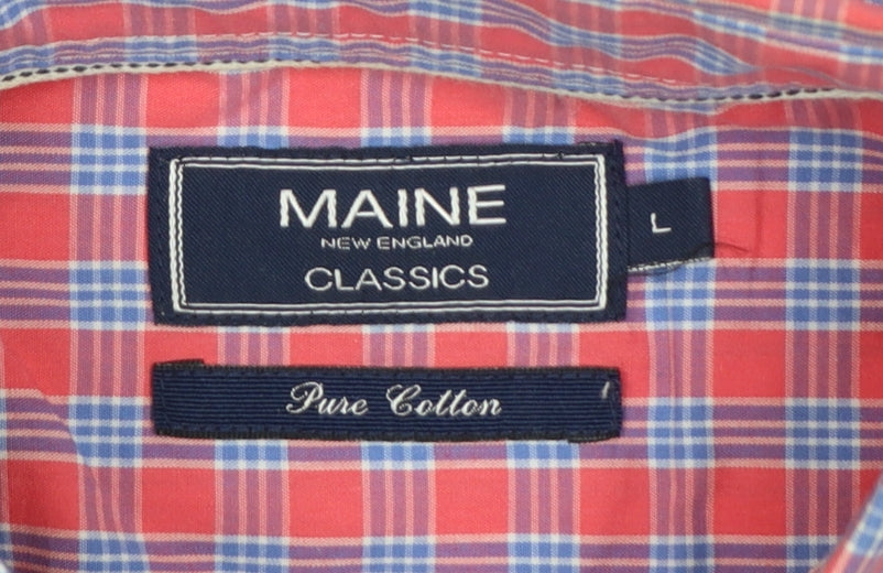 Maine Men’s Pink Blue Check Cotton Button-Down Short Sleeve Shirt L