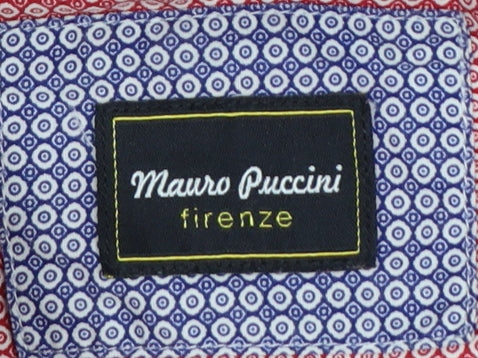 Brand and care label for Mauro Puccini Men’s Pink Geometric Print Button-Down Shirt M