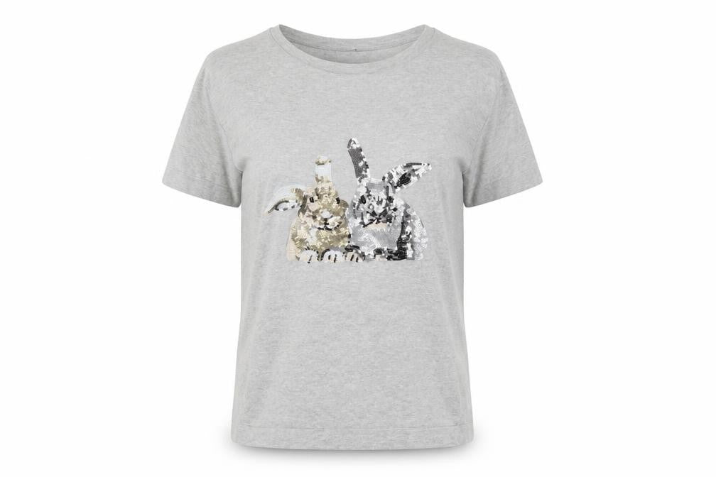 Front view of Next Women Grey UK 8 Basic Cotton Sequin Rabbit T-Shirt