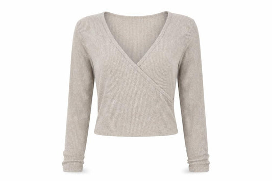 Vero Moda Women Beige M Rib Knit Wrap V-Neck Long Sleeve Blouse