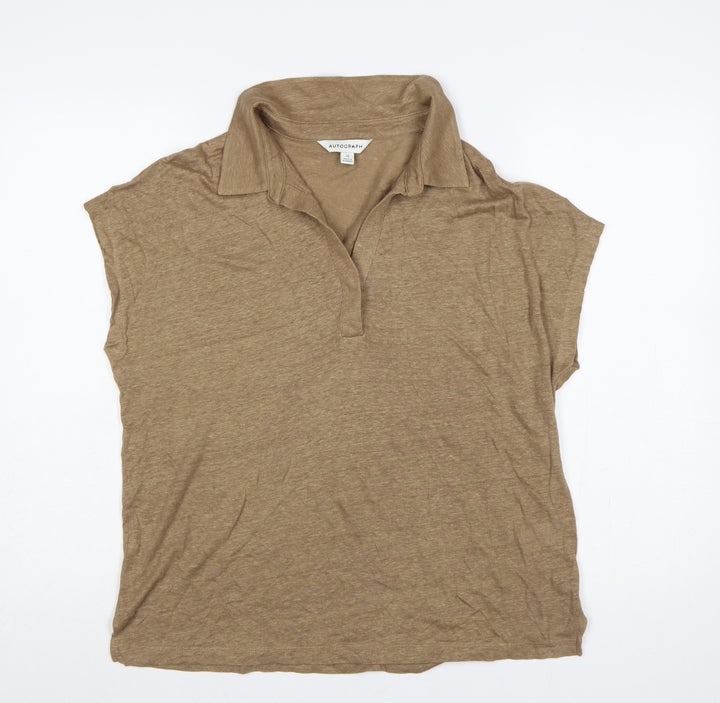 Autograph Women’s Brown Linen Sleeveless Collared Polo Top UK 12