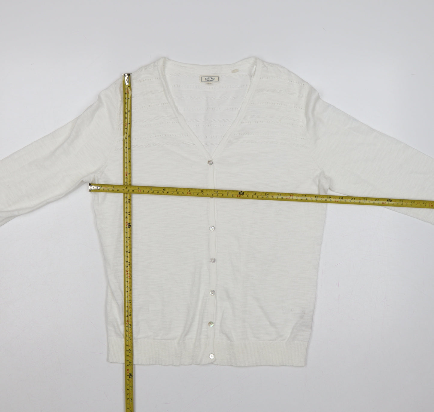 Fat Face Women's White UK 12 Open Knit V-Neck Cotton Cardigan