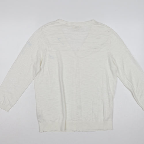 Fat Face Women's White UK 12 Open Knit V-Neck Cotton Cardigan