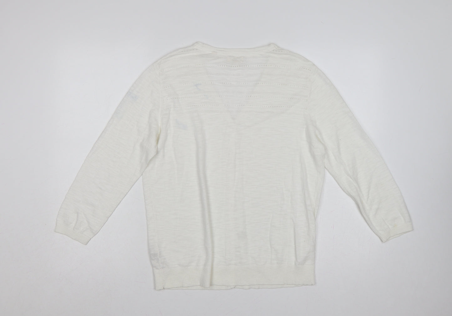 Fat Face Women's White UK 12 Open Knit V-Neck Cotton Cardigan