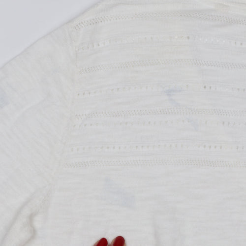 Fat Face Women's White UK 12 Open Knit V-Neck Cotton Cardigan