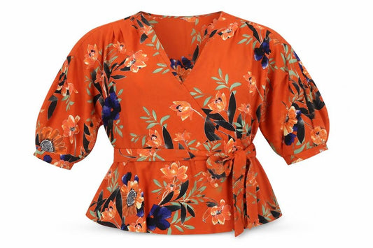 River Island Women Orange Floral Wrap Tie Blouse Size 12 Kimono Sleeve