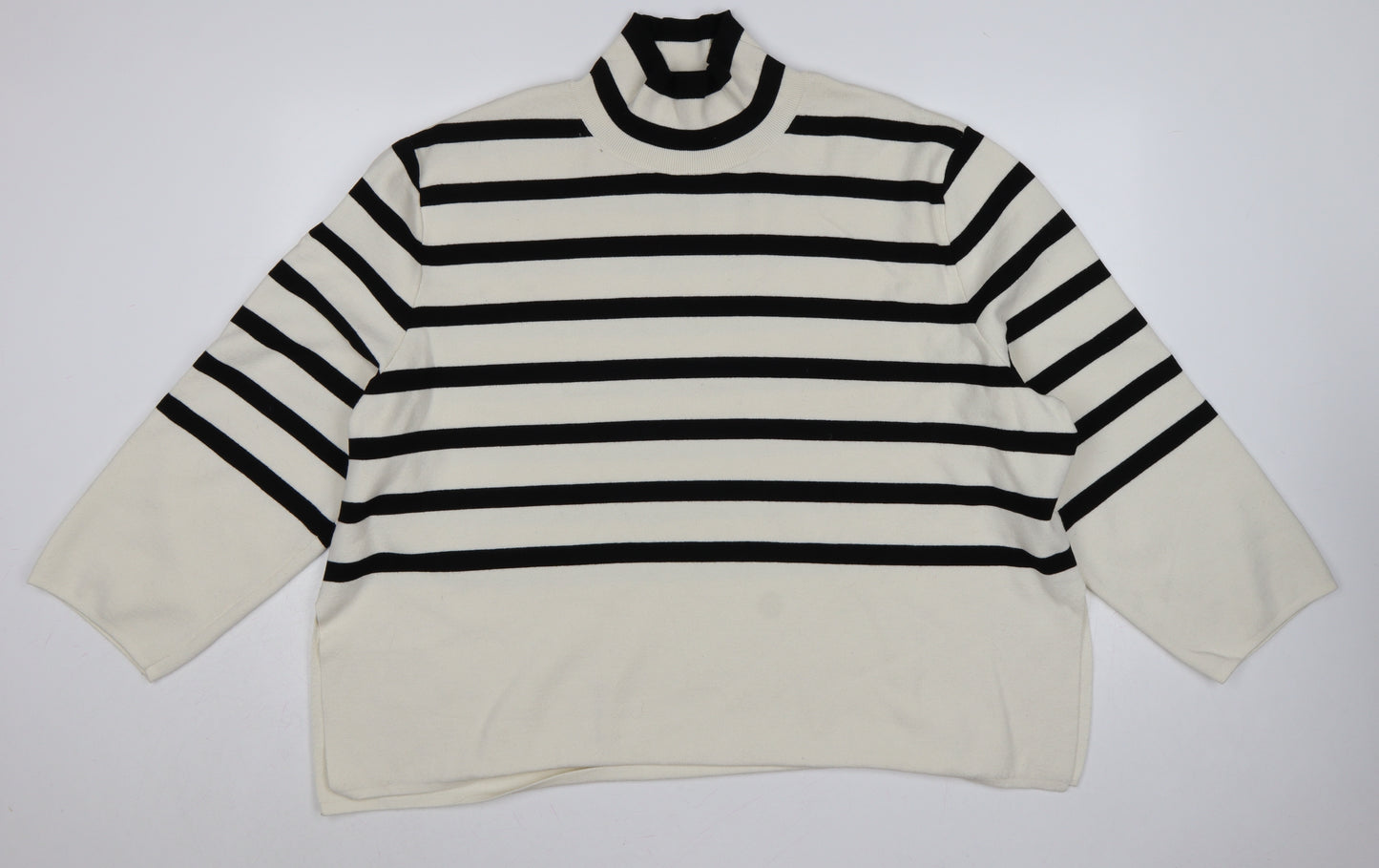 H&M Women Ivory Black Striped UK 24 Mock Neck Bell Sleeve Jumper
