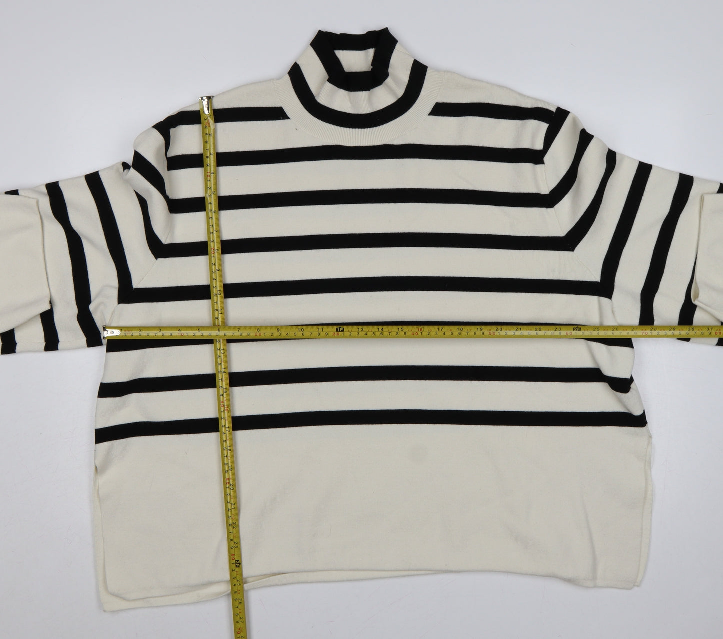 H&M Women Ivory Black Striped UK 24 Mock Neck Bell Sleeve Jumper