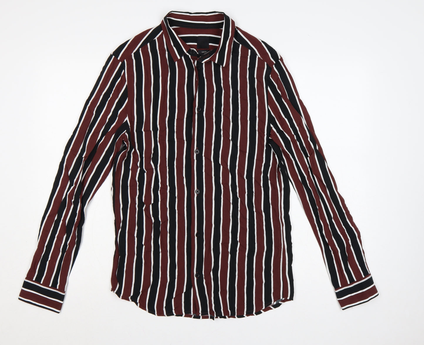 H&M Men’s Burgundy Black White Striped Slim Fit Shirt Size S