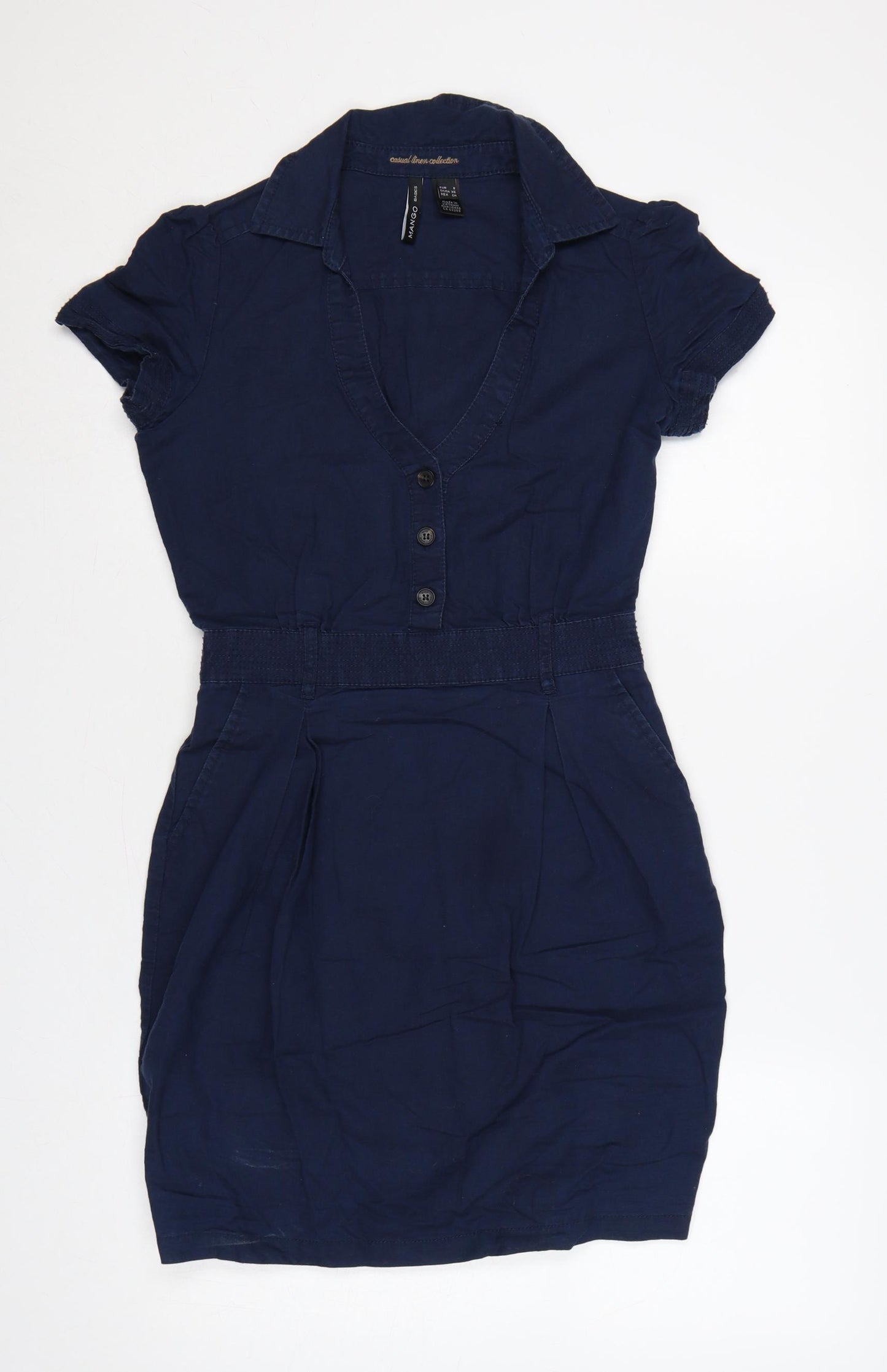 Mango Women Blue S Pencil Shirt Dress Linen Cotton Short Sleeve