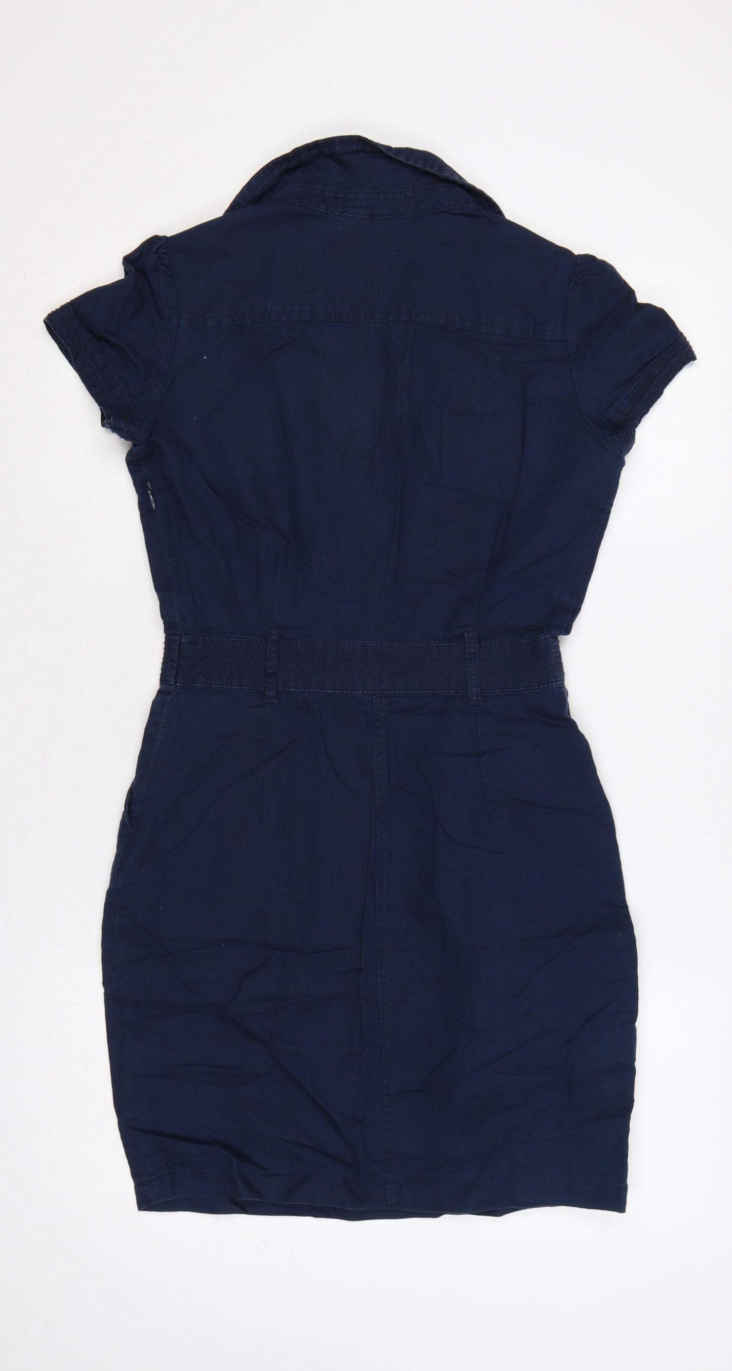 Mango Women Blue S Pencil Shirt Dress Linen Cotton Short Sleeve