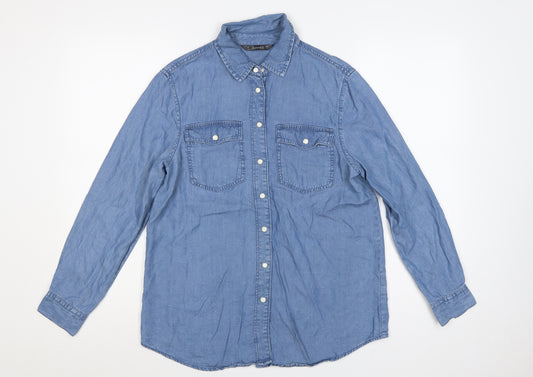 Dunnes Women Blue S Lyocell Chambray Button-Up Shirt Long Sleeve