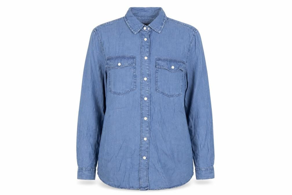 Front view of Dunnes Women Blue S Lyocell Chambray Button-Up Shirt Long Sleeve
