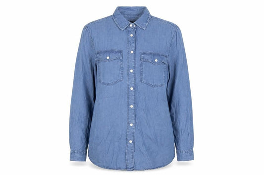 Front view of Dunnes Women Blue S Lyocell Chambray Button-Up Shirt Long Sleeve