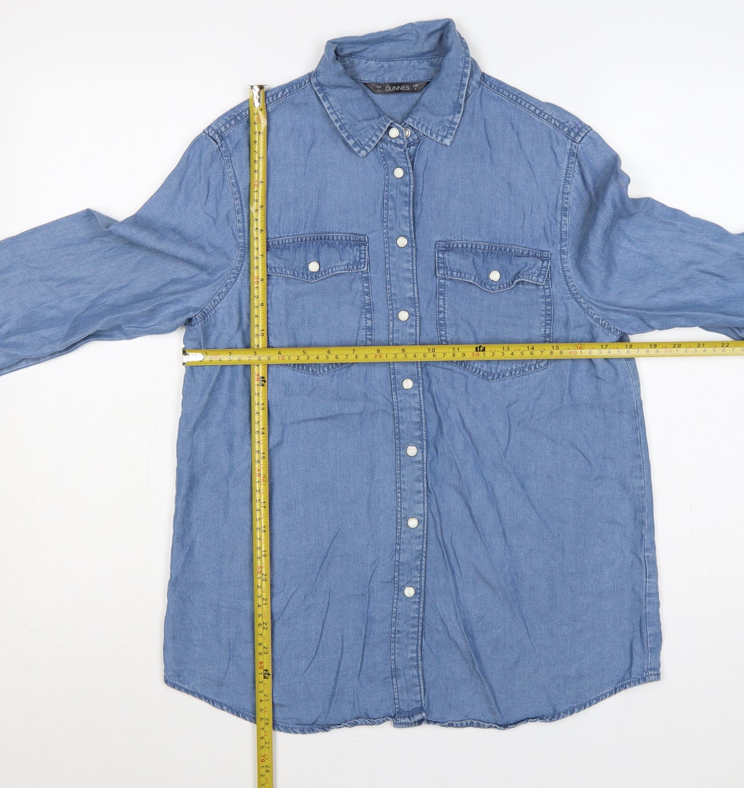 Dunnes Women Blue S Lyocell Chambray Button-Up Shirt Long Sleeve
