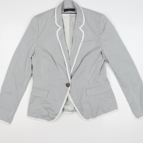 New Look Women Grey White Stripe UK 14 Single-Breasted Blazer