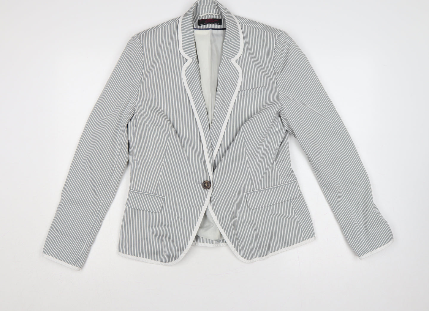 New Look Women Grey White Stripe UK 14 Single-Breasted Blazer