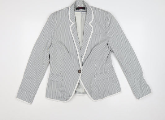 New Look Women Grey White Stripe UK 14 Single-Breasted Blazer