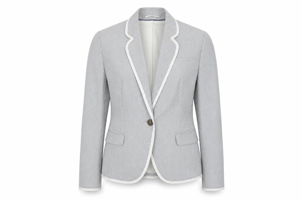 Front view of New Look Women Grey White Stripe UK 14 Single-Breasted Blazer