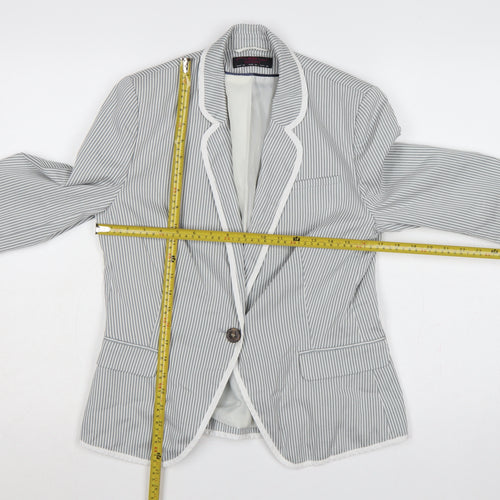 New Look Women Grey White Stripe UK 14 Single-Breasted Blazer