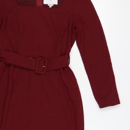 LK Bennett Women Burgundy UK 8 Pencil Dress Belted Square Neck
