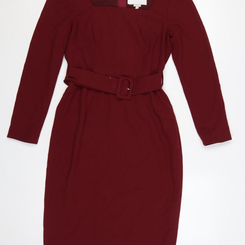 LK Bennett Women Burgundy UK 8 Pencil Dress Belted Square Neck