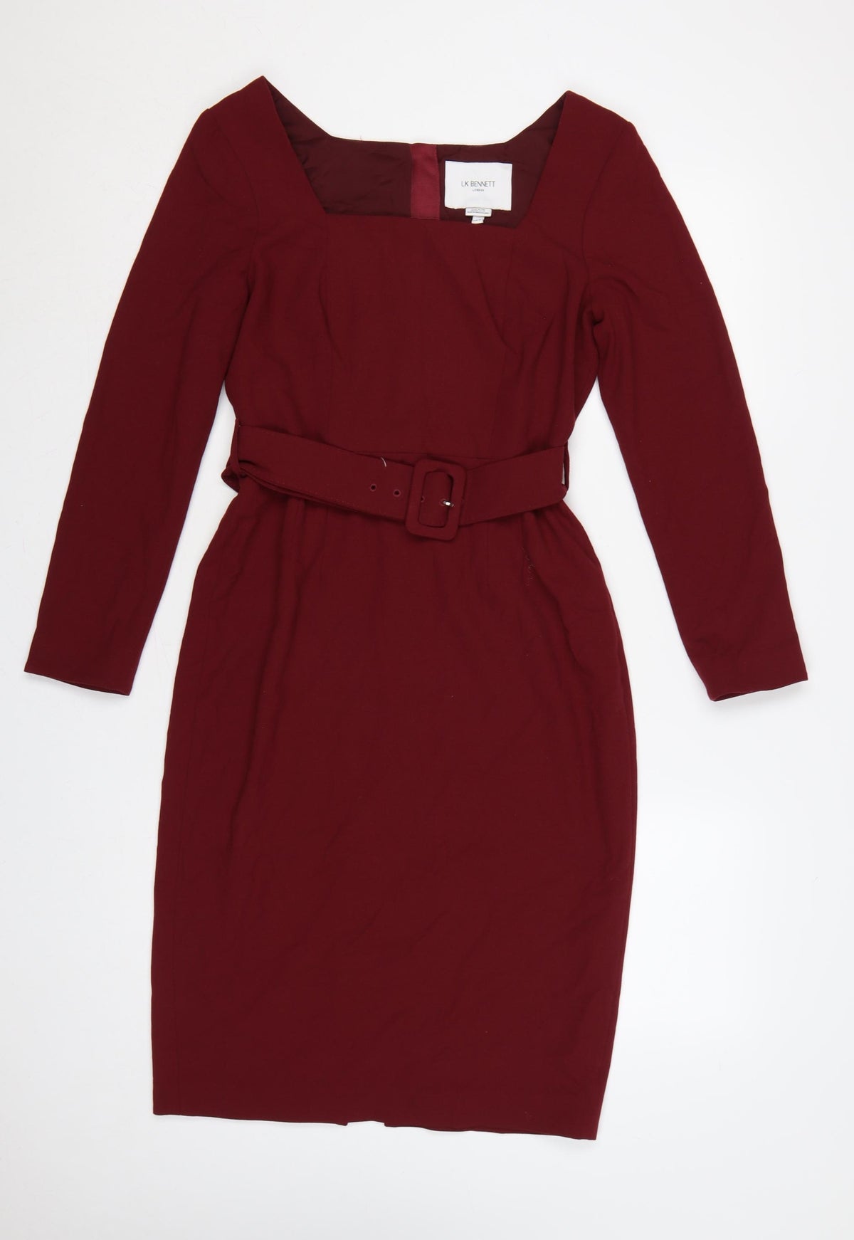 LK Bennett Women Burgundy UK 8 Pencil Dress Belted Square Neck