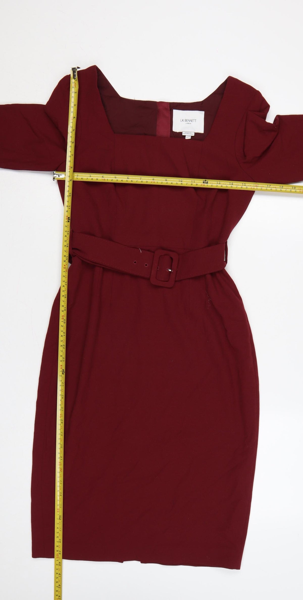 LK Bennett Women Burgundy UK 8 Pencil Dress Belted Square Neck