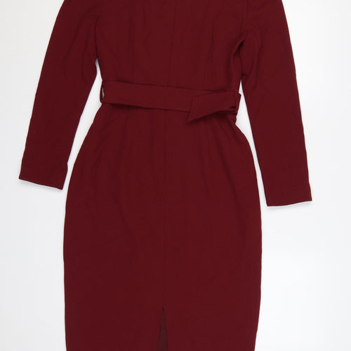 LK Bennett Women Burgundy UK 8 Pencil Dress Belted Square Neck