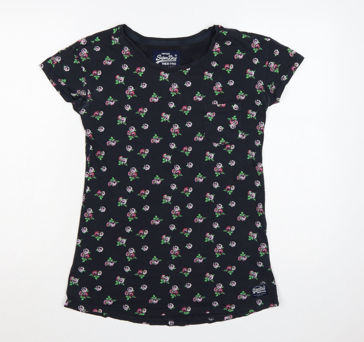 Superdry Women Black S Floral Rose Slim Fit Cotton T-Shirt