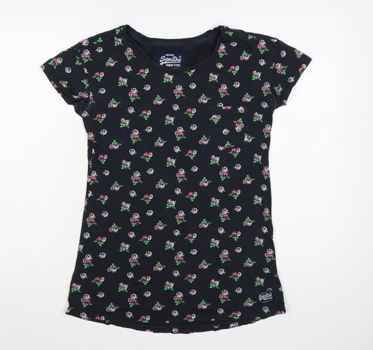 Superdry Women Black S Floral Rose Slim Fit Cotton T-Shirt