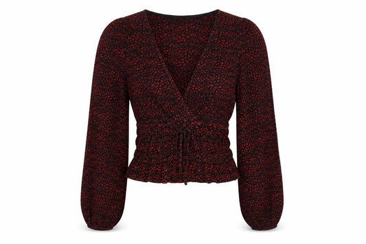 Zara Women Red Black Leopard Print Pleated Wrap Blouse UK 12 Long Sleeve