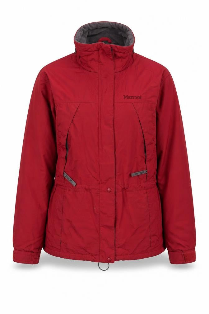 Front view of Marmot Women Red L Ski Jacket Hooded Full Zip Nylon