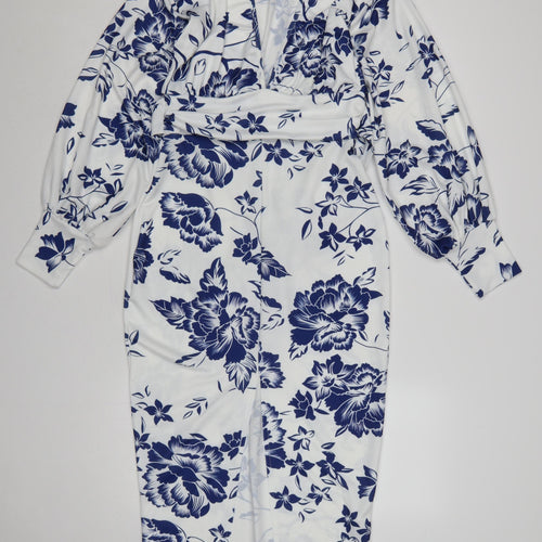 Boohoo Women White Blue Floral Wrap Dress UK 12 Long Sleeve