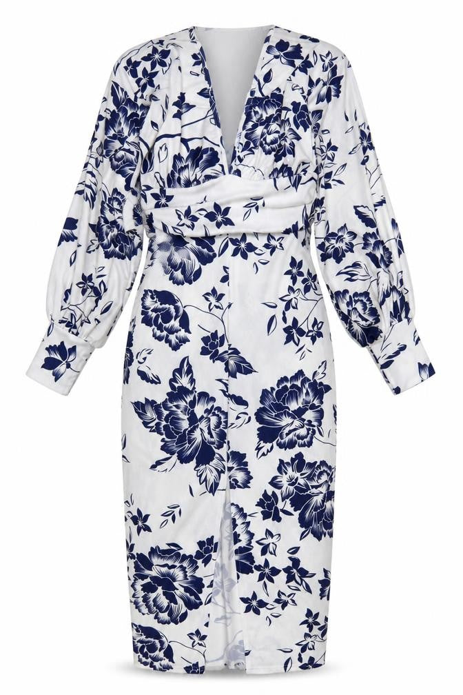 Boohoo Women White Blue Floral Wrap Dress UK 12 Long Sleeve