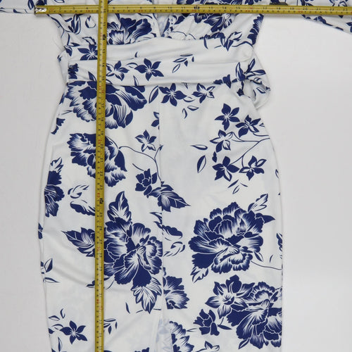 Boohoo Women White Blue Floral Wrap Dress UK 12 Long Sleeve