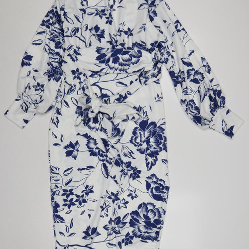 Boohoo Women White Blue Floral Wrap Dress UK 12 Long Sleeve