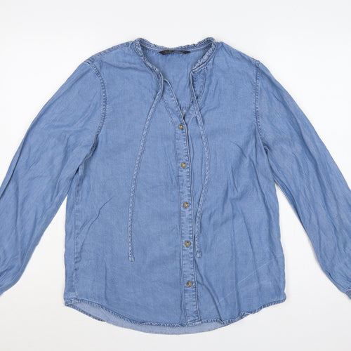 Dunnes Stores Women Blue S Lyocell Chambray Ruffle Button-Up Shirt